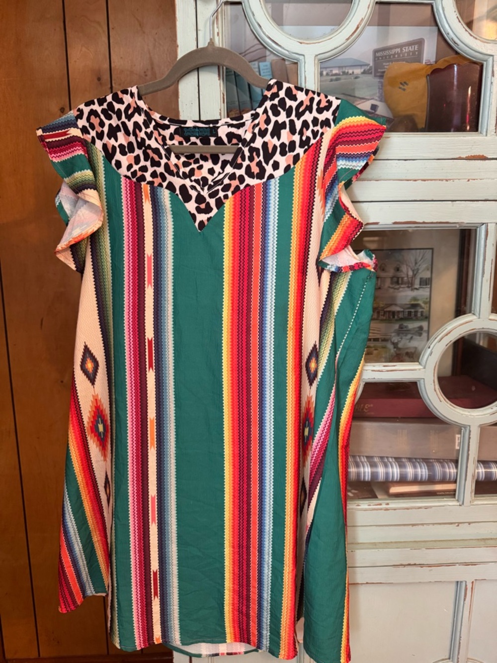 Fashion Express Boho Leopard Print Dress with Teal and Orange Accents